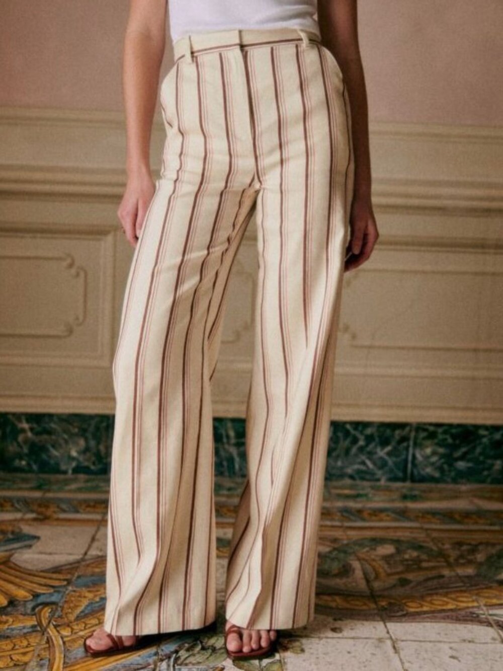 EUC Sezane Matheo Striped Linen Cotton Wide Leg Pant Ecru Brown 38, 6